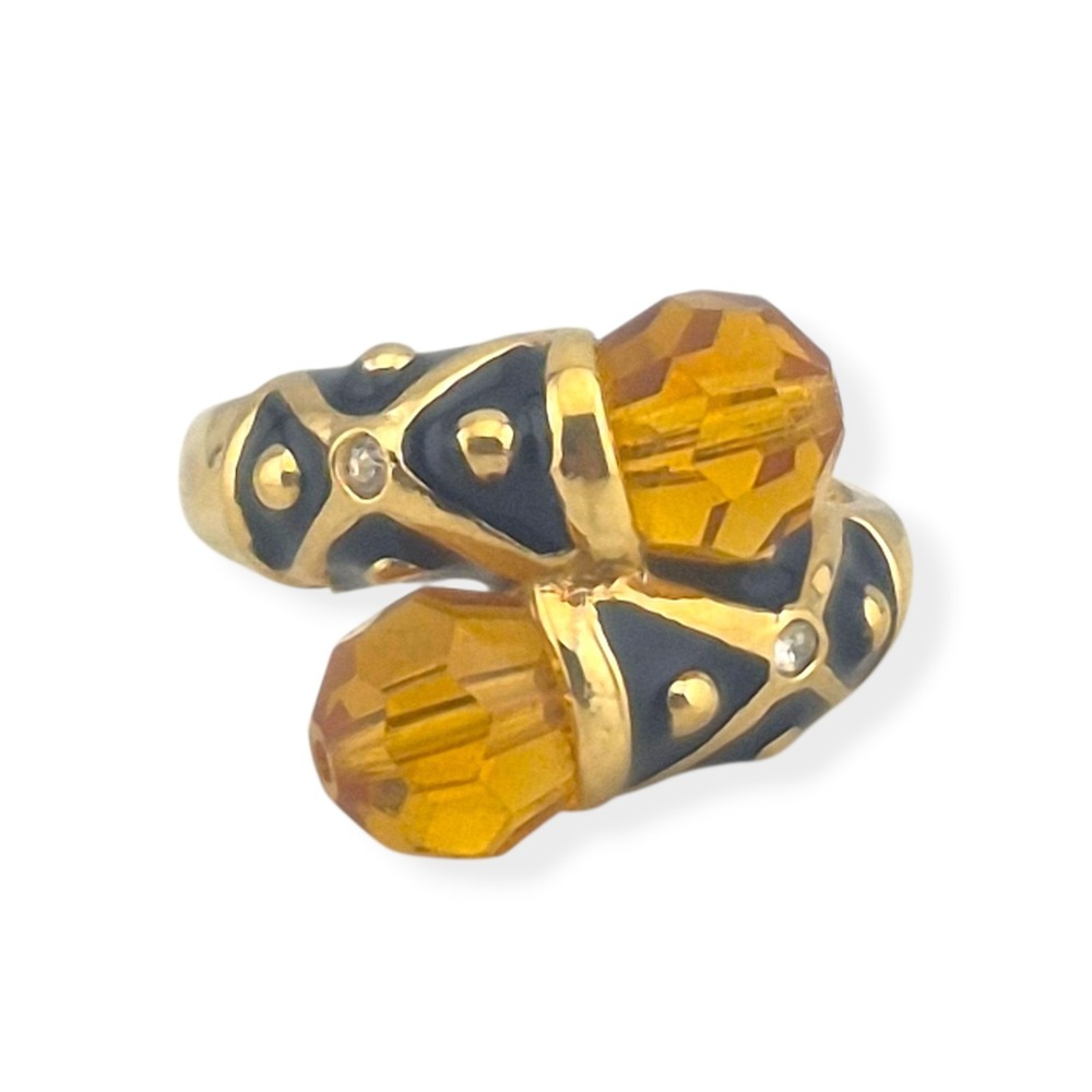 Vintage ESPO 14K GE Black Enamel Citrine Glass Bypass Cocktail Ring Size 8